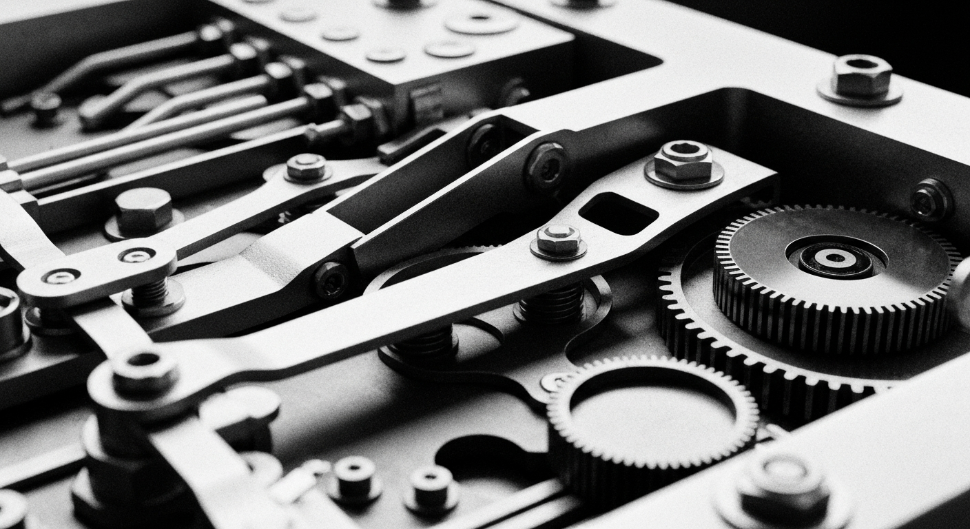 A high-contrast black and white close-up image of the inner workings of a financial mechanism, such as gears or circuits, conveying a sense of the intricate systems that power the biotech industry.