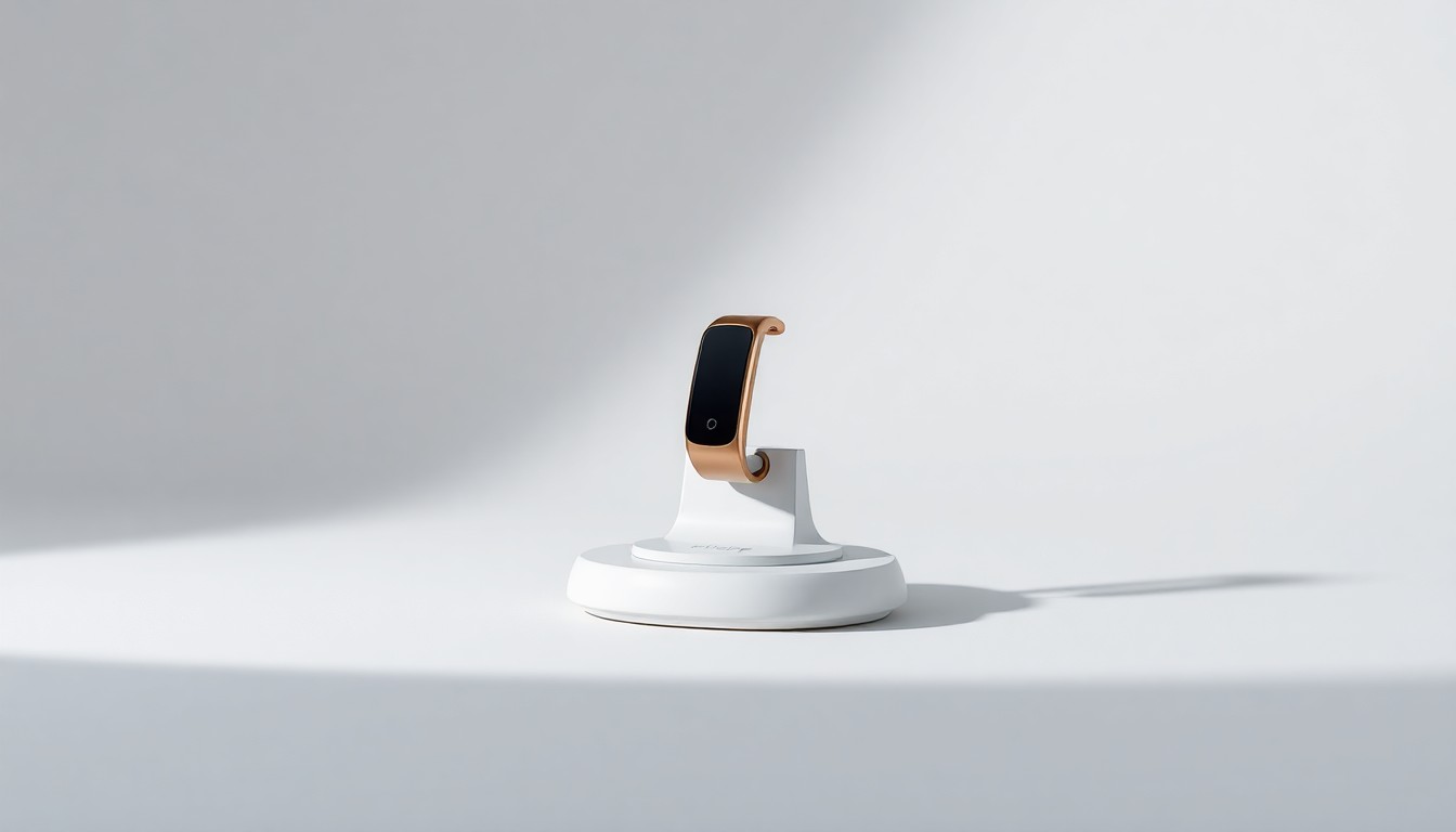A high-end, photorealistic studio still-life photograph featuring a Whoop fitness tracker and charging dock elegantly arranged on a clean, monochromatic seamless background, using sharp, dramatic lighting to highlight the premium materials and advanced technology.