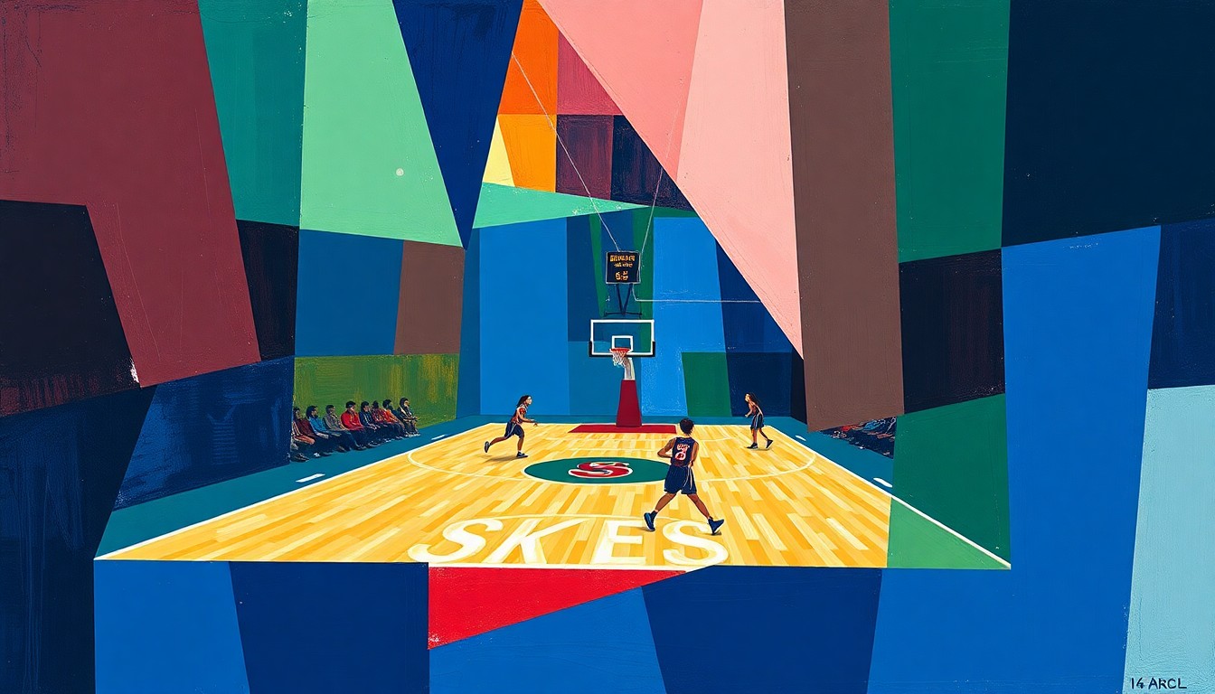 A fragmented, cubist-style painting depicting the action and energy of a high school girls basketball game, with sharp geometric shapes and planes in deep blue, green, and red tones.