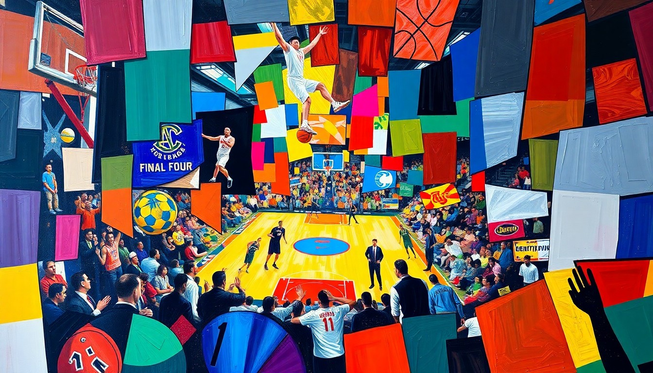 A fragmented, geometric painting in bold, clashing colors that deconstructs a basketball game or tournament action into sharp, overlapping planes, conceptually representing the high-stakes competition of the Final Four.