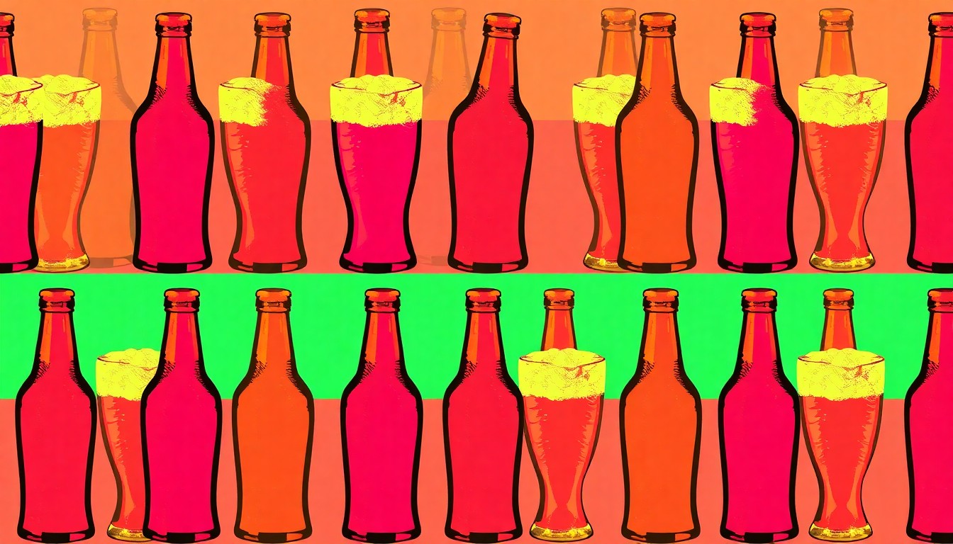 A vibrant, high-contrast silkscreen print featuring a repeated pattern of a single, iconic beer glass or bottle in a grid, rendered in a bold, neon color palette that captures the celebratory energy of the craft beer experience.