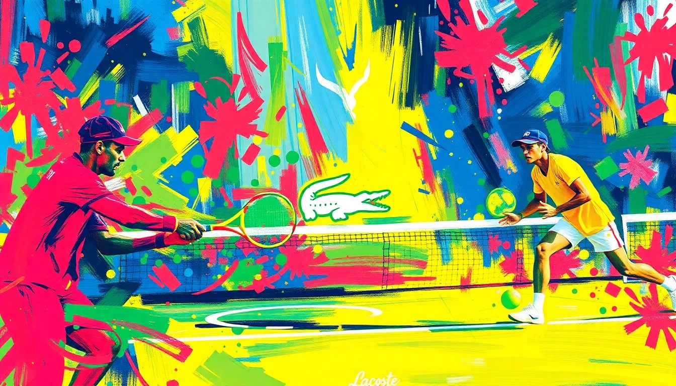An abstract, expressionist painting in vibrant neon colors depicting the energy and movement of a tennis match, with the iconic Lacoste crocodile logo emerging from the chaos.