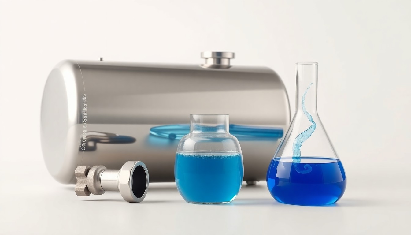 A high-end, photorealistic studio still-life featuring polished metal and glass objects representing advanced hydrogen technology, arranged elegantly on a clean white background to conceptually illustrate the proposed Babcock & Wilcox facility.