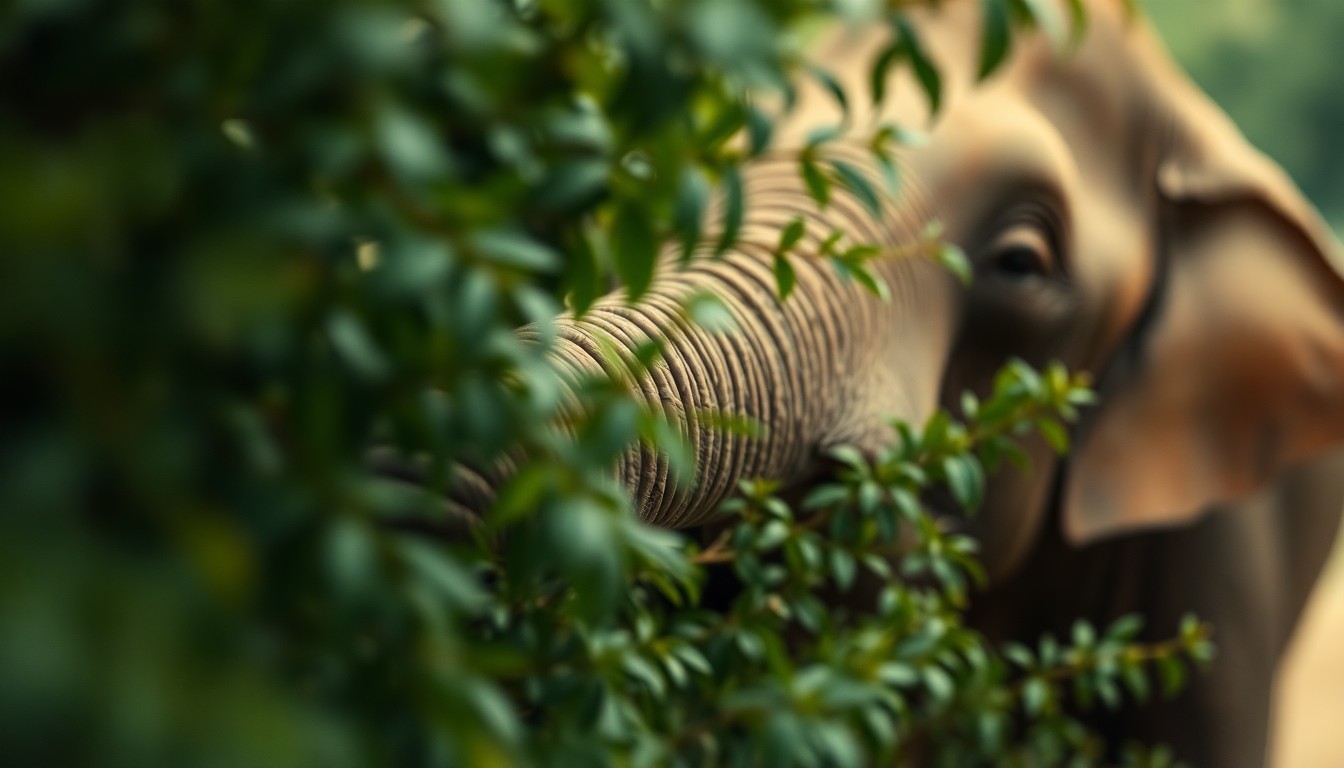 An extremely abstracted, out-of-focus photograph of an elephant's trunk reaching through lush, blurred foliage, composed in soft pools of warm, earthy color and light to conceptually represent the debate over captive elephants.