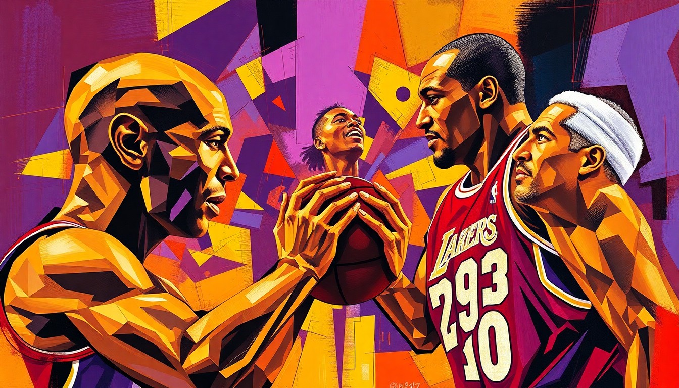A fragmented, cubist-style painting depicting the heated confrontation between Kevin Johnson, Magic Johnson, and Byron Scott, with sharp geometric shapes and planes of purple, gold, and red conveying the intensity of the moment.
