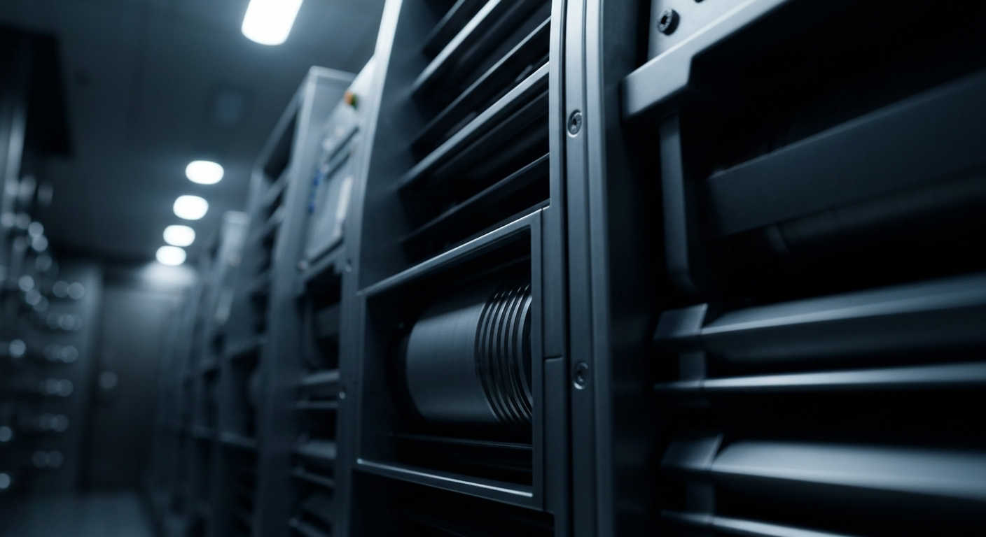 A highly detailed, macro-level view of the complex mechanical components and gears that power the banking industry, conveying a sense of the institutional strength and reliability behind Bristol Myers Squibb's dividend program.