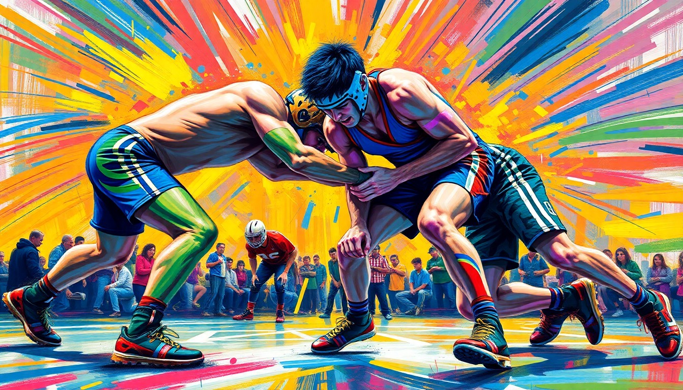 An abstract, energetic painting featuring dynamic, swirling brushstrokes in neon colors that capture the intense physicality and competitive spirit of high school wrestling.