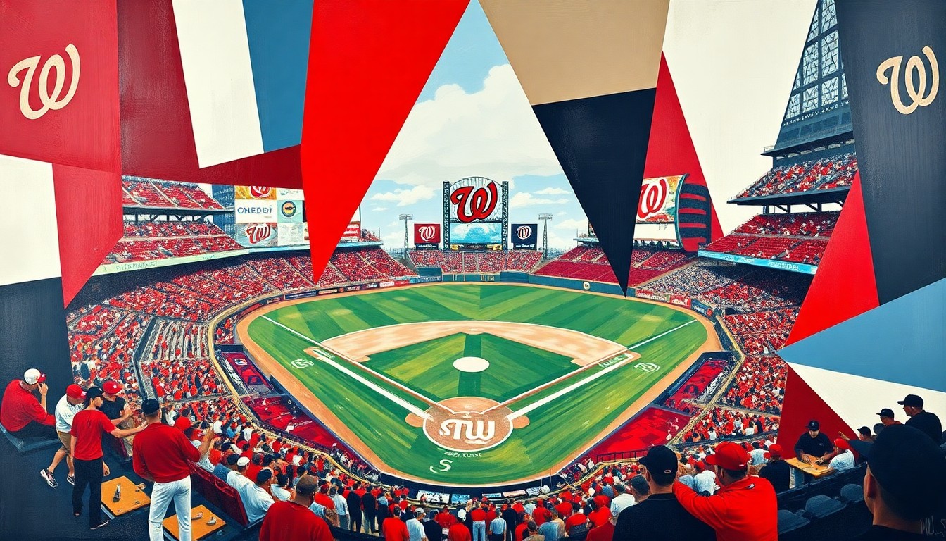 A cubist, geometric painting depicting a Nationals baseball game broken down into overlapping planes of red, white, and blue, conceptually representing the team's unorthodox approach to the sport.
