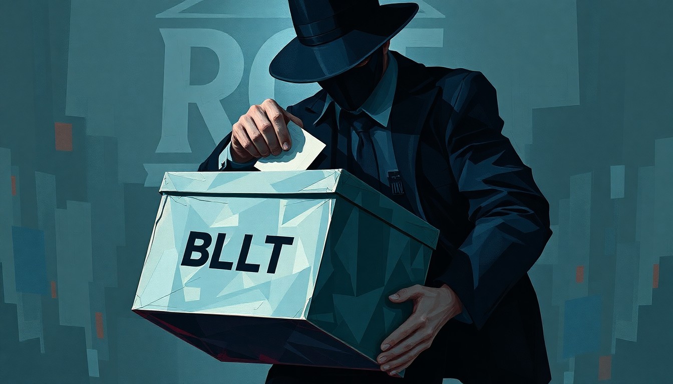 A fractured, abstract painting depicting the seizure of a ballot box by a shadowy law enforcement figure, rendered in a palette of deep blues, greys, and reds to convey a sense of tension and unease.