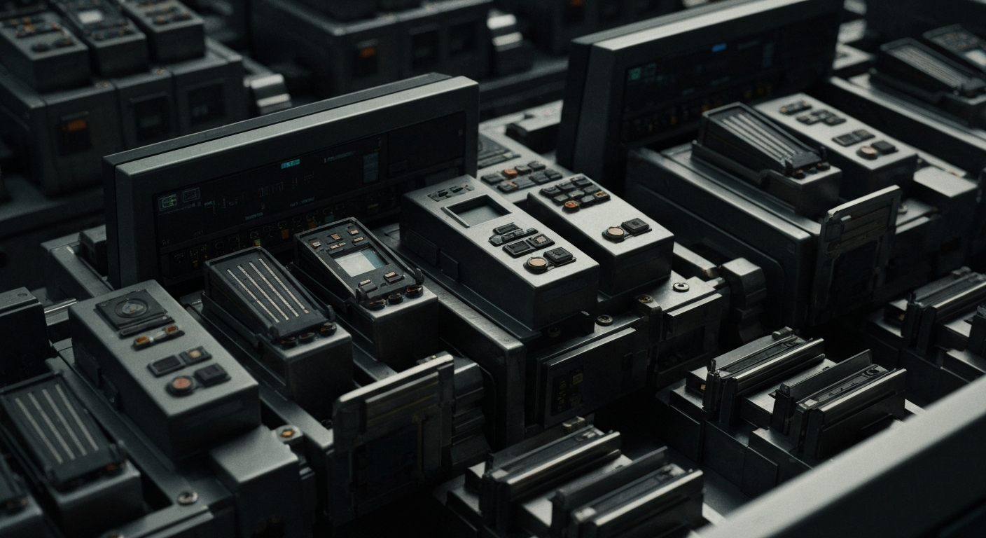 An extreme close-up of various metal gears, circuits, and computer components, conveying the complex, industrial nature of modern finance and investment management.