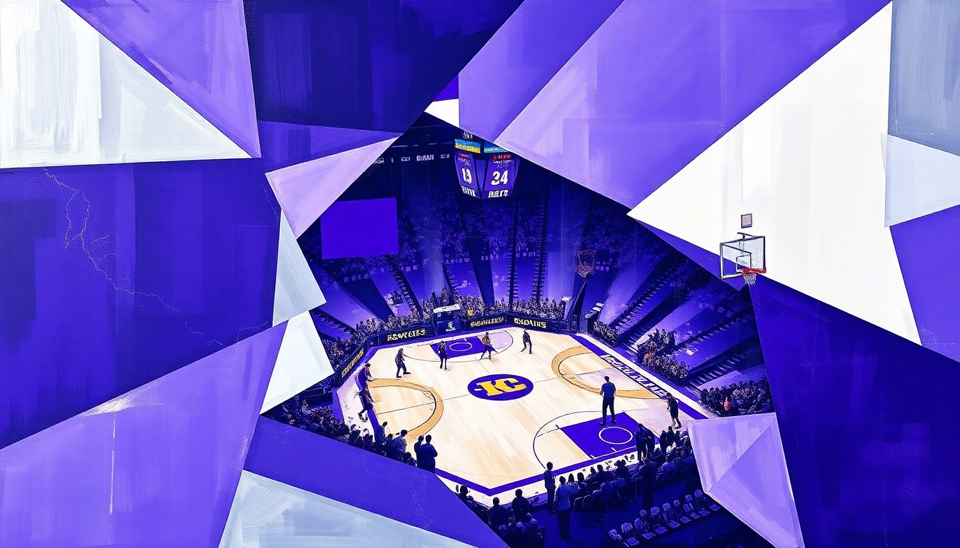 A cubist-style painting depicting a college basketball game broken down into fragmented geometric shapes in shades of purple, silver, and white, conveying the dynamic energy and intensity of the sport.