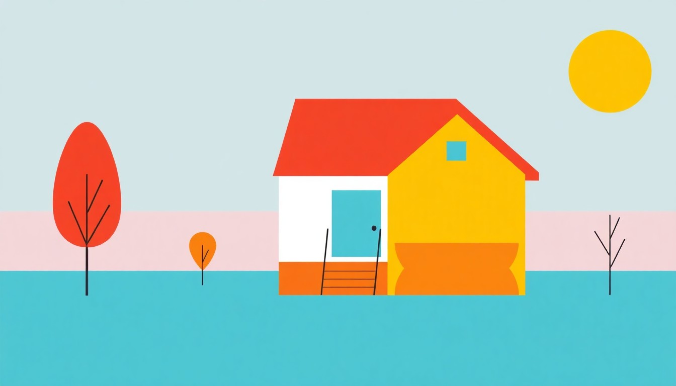 A geometric abstract illustration using bold shapes and primary colors to represent the concept of real estate agent safety, without any text or identifiable elements.