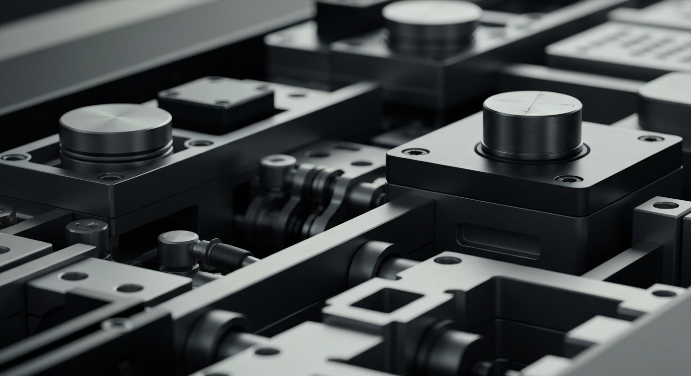 A close-up view of complex, precision-engineered audio components and machinery, conveying a sense of industrial power and technical sophistication.