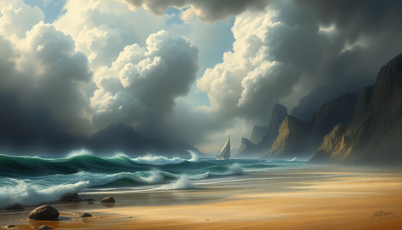 A vast, atmospheric landscape painting depicting a stormy, wind-swept beach with dramatic, churning clouds and crashing waves that dwarf any physical structures or objects in the frame, conveying the overwhelming power of nature.