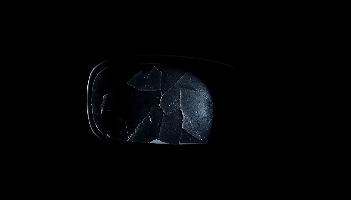 An extreme close-up photograph of a damaged car side mirror against a pitch-black background, lit by a harsh, direct camera flash, conceptually illustrating the aftermath of a traffic accident.