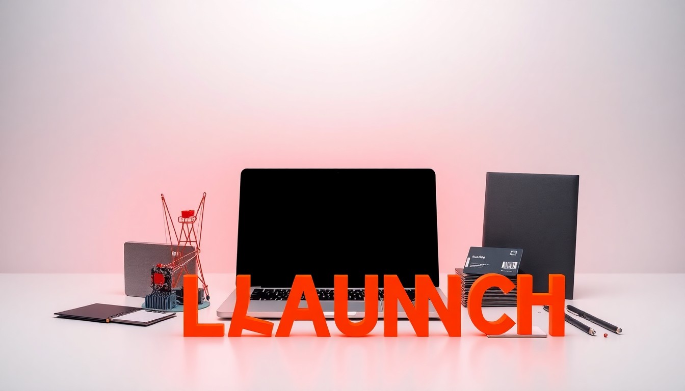 A photorealistic studio still-life featuring a clean, monochromatic background with a collection of premium, polished objects representing the tools and materials of entrepreneurship, including a sleek laptop, a 3D-printed prototype, a stack of business cards, and a stylized 'LAUNCH' graphic, conceptually illustrating the resources and support available to local innovators.