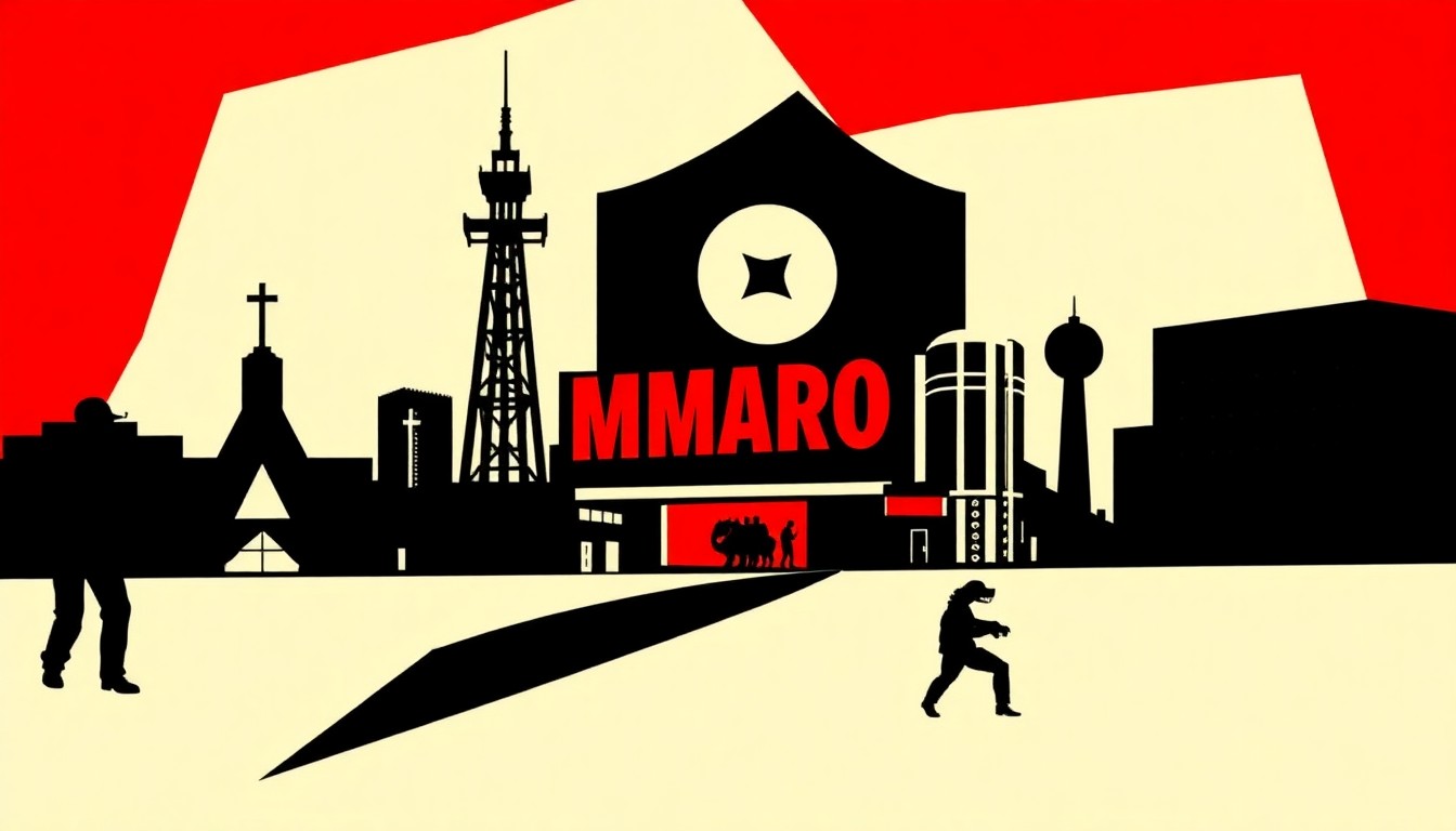 A conceptual illustration in the bold, minimalist style of Saul Bass, featuring abstract geometric shapes and silhouettes in high-contrast colors to represent the entertainment industry and pop culture icons with roots in Amarillo, Texas.