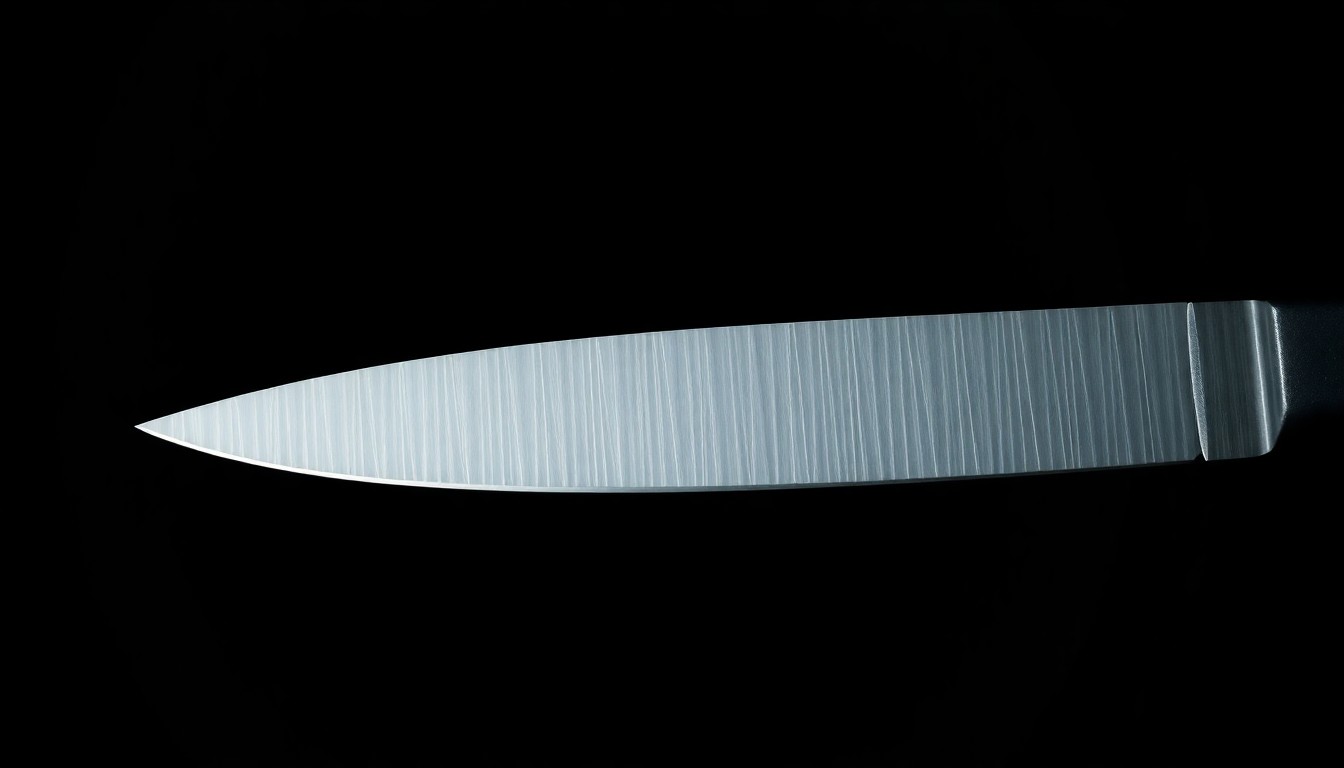 An extreme close-up of a knife blade, the harsh flash illuminating the sharp metal edge against a dark background, conveying the serious, investigative nature of a violent crime.