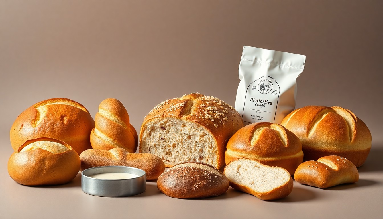 A high-end, photorealistic studio still-life photograph featuring a selection of freshly baked bread, pastries, and other artisanal baked goods from Mother Dough bakery, arranged elegantly on a clean, monochromatic seamless background. The objects are made from polished raw materials and clean geometric shapes, using sharp, dramatic studio lighting and deep shadows to represent the quality and craftsmanship of Fhima's bakery concept.