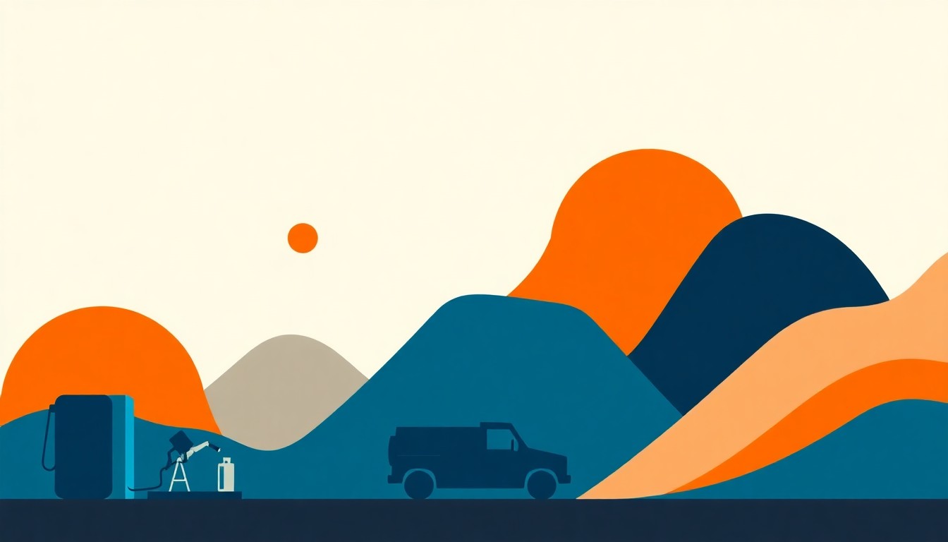 An abstract illustration composed of overlapping triangles and rectangles in shades of blue, orange, and gray, conveying the concept of rising fuel costs and their broad economic impact.