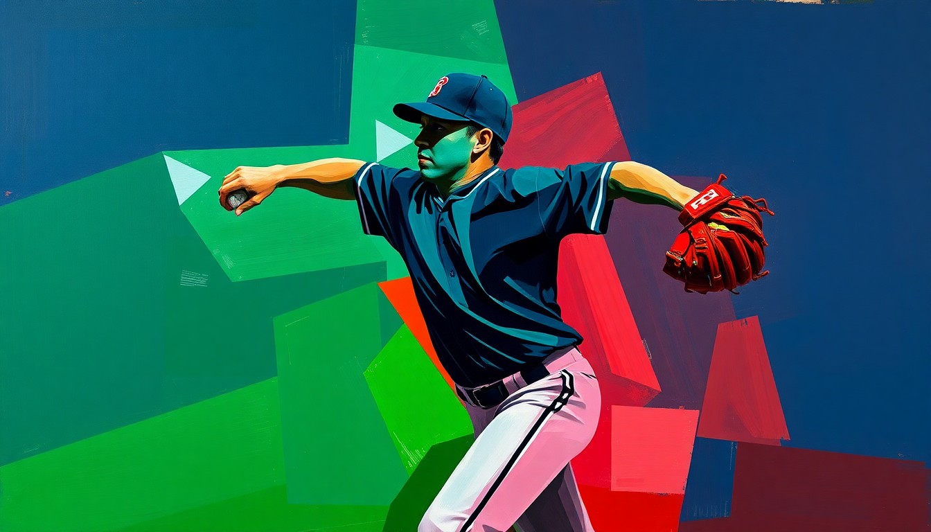 A fragmented, geometric painting depicting a baseball pitcher's motion, with sharp planes of color and overlapping perspectives conveying the power and intensity of the sport.