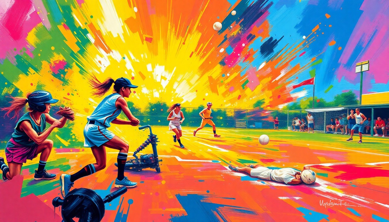 An abstract expressionist painting in a vibrant, energetic style, with splashes of neon color representing the raw athletic motion and competitive spirit of a high school softball game.