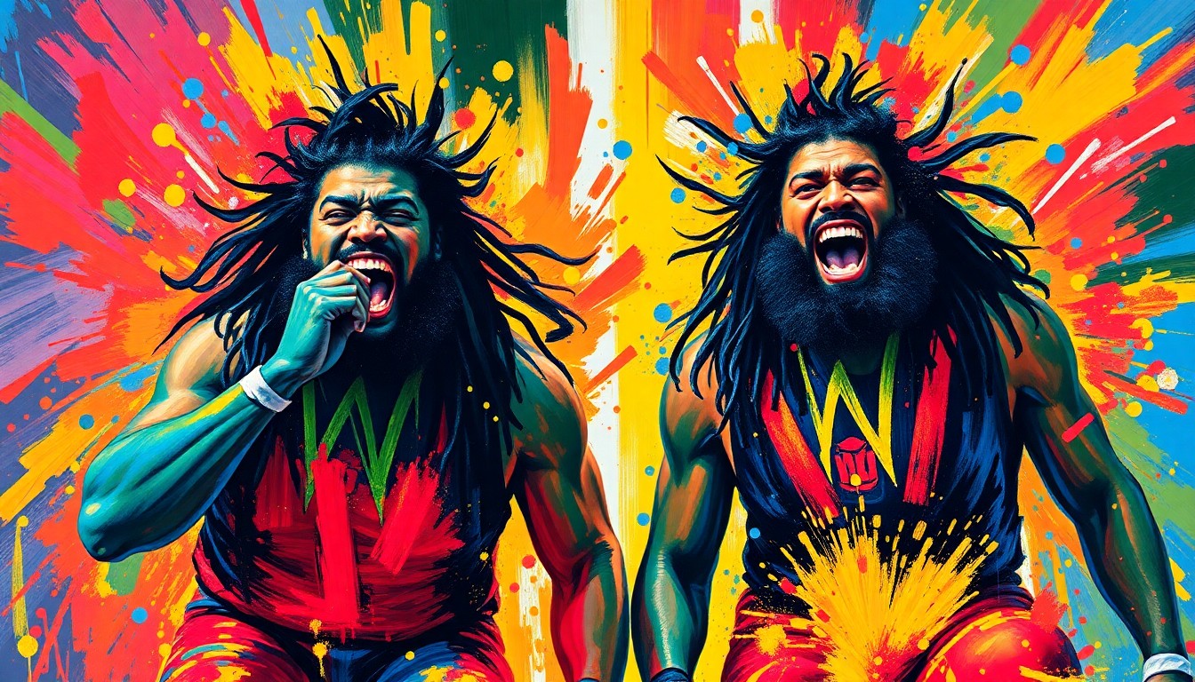 An abstract, expressionist painting featuring vibrant neon brushstrokes and splatters of color, capturing the raw athletic energy and movement of The Usos performing their new entrance routine on stage.