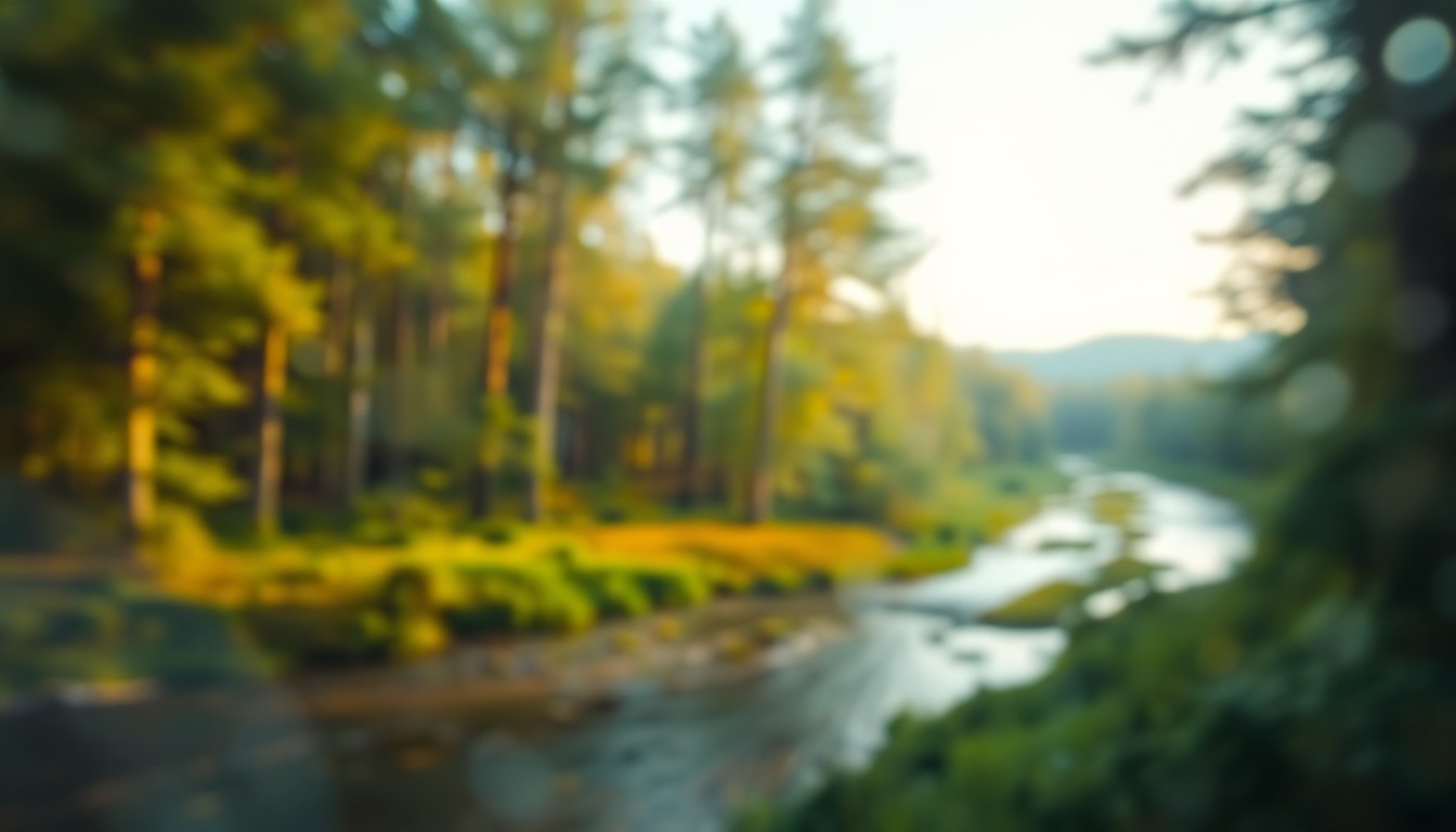 An abstract, impressionistic landscape scene with blurred trees, a winding river, and soft, warm lighting, conceptually representing the serene natural beauty of the Carmen-Smith recreation area.