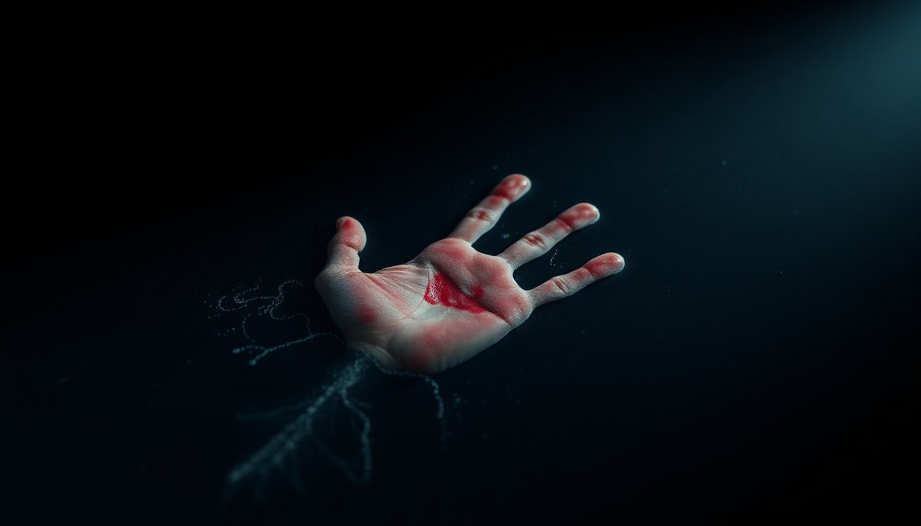 An extreme close-up photograph of a small child's handprint on a dark, textured surface, lit by a harsh, direct camera flash, conveying a sense of vulnerability and the aftermath of abuse.
