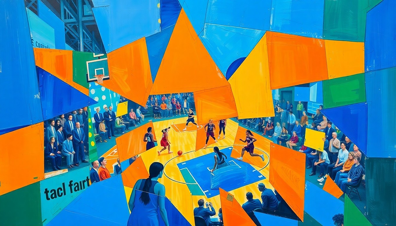 A fragmented, cubist-style painting depicting a women's basketball game, with the court and players broken down into sharp, overlapping geometric shapes in vibrant blue, orange, and green hues, conveying the competitive imbalance in the sport.