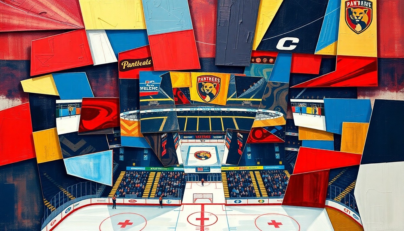 A cubist, geometric painting depicting the fractured elements of a hockey arena and business operations, using the Panthers' team colors of red, blue, and gold to represent the team's forward-looking approach under new leadership.