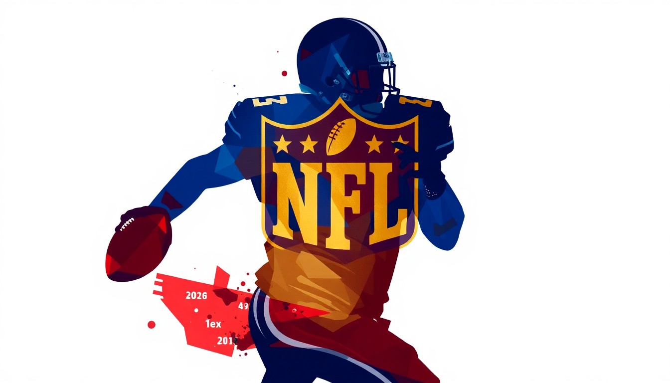 A dynamic, fragmented painting in bold colors depicting the silhouette of a football player, conceptually representing the motion and energy of the NFL amidst a legal battle over diversity hiring policies.