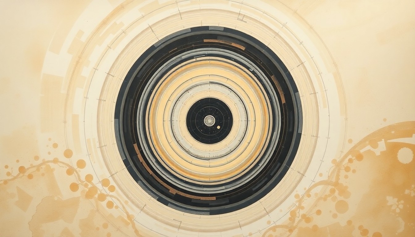 A bold, abstract painting in the style of Hilma af Klint, featuring sweeping geometric arcs, concentric planetary circles, and precise spirals in earthy tones, representing the complex forces and concepts of space exploration.