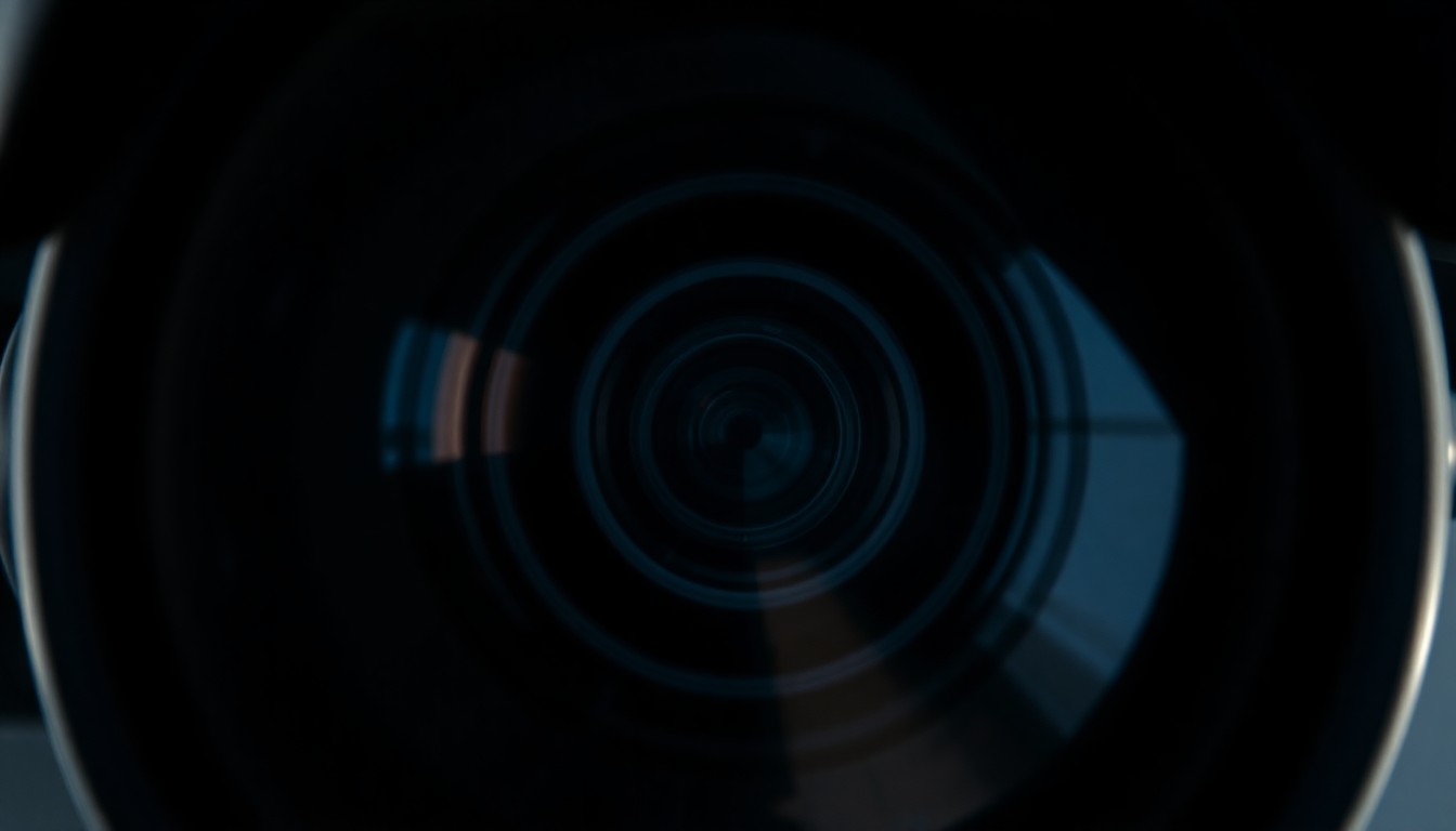 An extreme close-up photograph of an ALPR camera lens, capturing the stark, gritty, and investigative aesthetic of the technology.