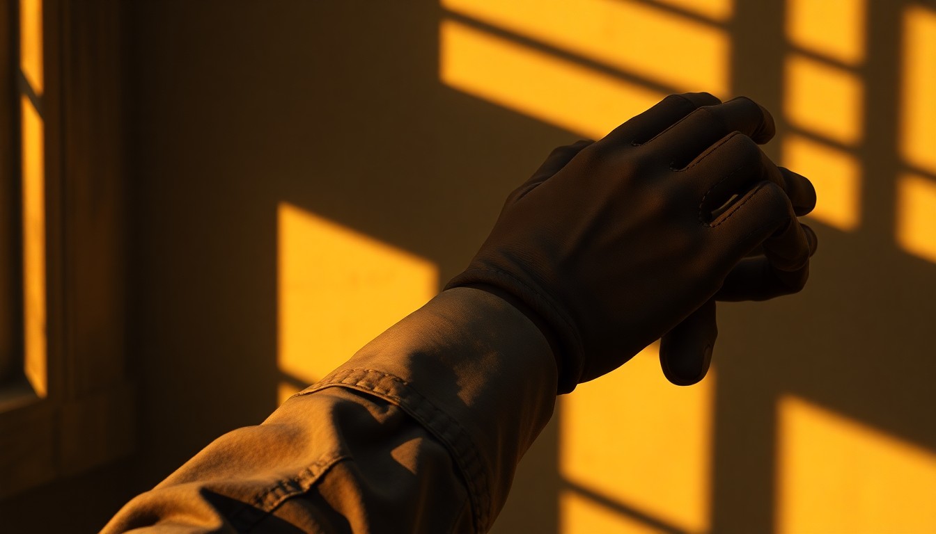 An extreme close-up of a weathered, calloused hand holding a worn leather work glove, conveying the quiet dignity and perseverance of the farmworkers' movement.