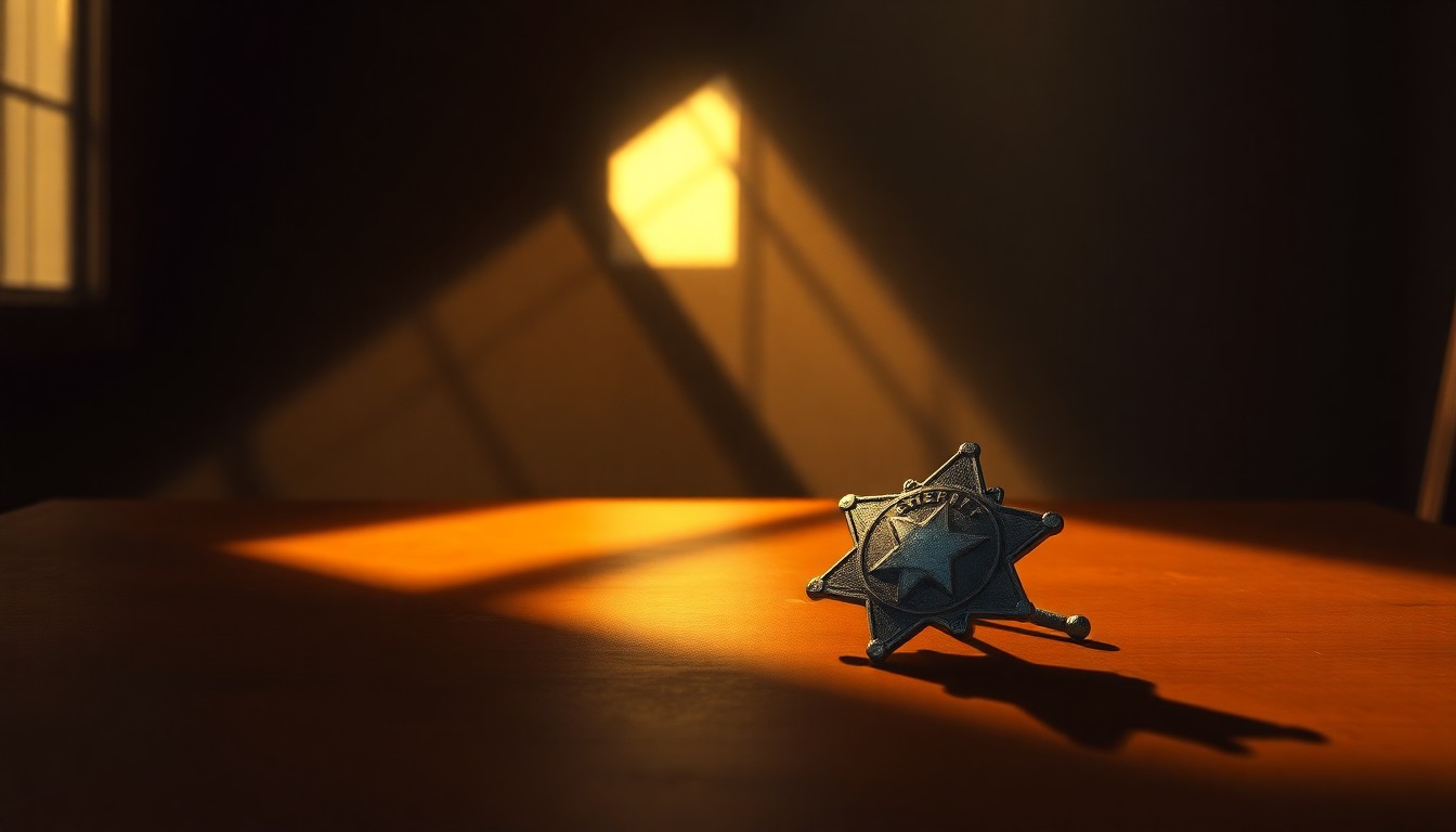 A solitary sheriff's badge rests on a table, its metallic surface reflecting the warm, angled light of a cinematic scene, conveying a sense of quiet tension and the weight of the sheriff's actions on the democratic process.