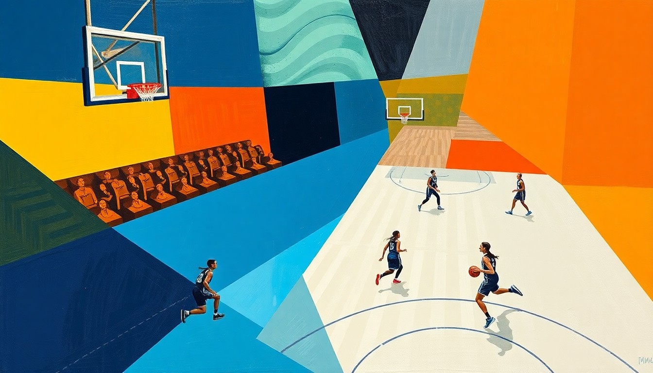 A fragmented, geometric painting depicting a women's basketball game, with sharp, overlapping planes of color and form representing the difficulties the Montana State Bobcats encountered playing away from their home court.