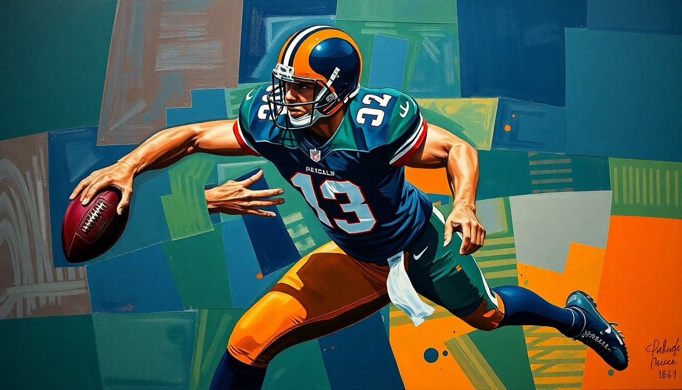 A fragmented, geometric painting depicting an EDGE rusher in the act of rushing the passer, with sharp, overlapping planes of navy, green, and orange conveying the raw power and dynamism of the position.