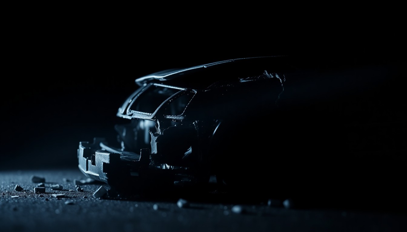 An extreme close-up photograph of a shattered car part or piece of debris from a highway crash scene, lit by a harsh, direct camera flash against a pitch-black background, conceptually illustrating the tragic aftermath of a fatal traffic incident.