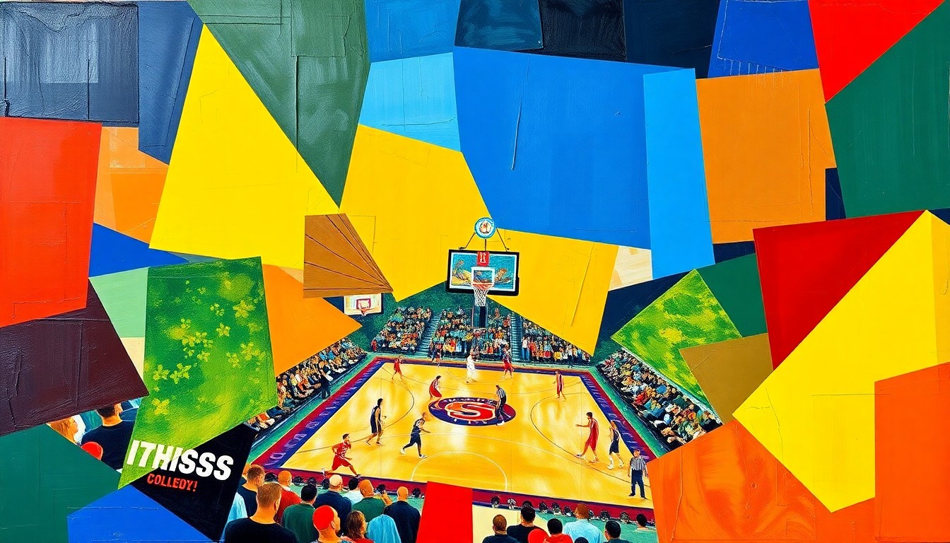 A cubist, geometric painting depicting a fragmented college basketball game, with sharp planes of bright red, blue, and yellow colors overlapping to create a sense of movement and chaos.
