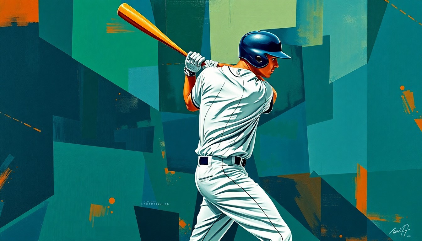 A cubist-style painting depicting a baseball player's batting stance and swing broken down into sharp, overlapping geometric shapes in navy, green, and orange tones, capturing the frustration of the player's early-season slump.