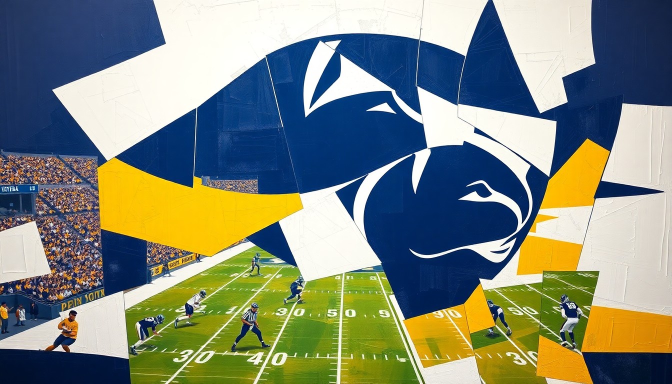 A cubist, geometric painting depicting a fragmented, multi-angled view of a Penn State football player in action, with sharp planes of navy blue, white, and gold colors representing the team's uniform and the dynamic movement of the game.