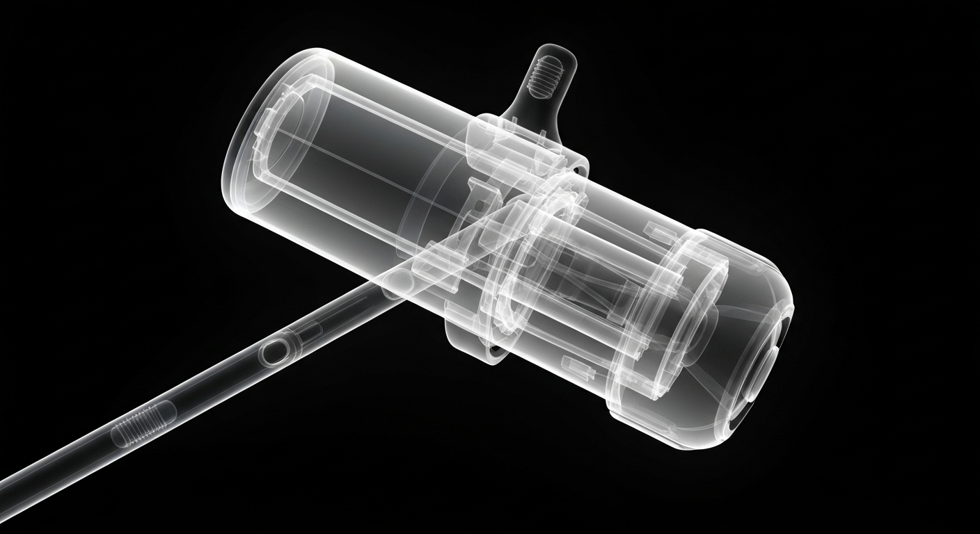 A ghostly, translucent X-ray image showing the complex internal structure of a vacuum cleaner, with its various components and mechanisms visible as glowing lines against a dark background.