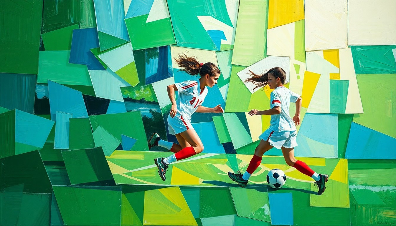 A cubist, geometric painting depicting a girls soccer match, with the field, players, and ball broken down into sharp, overlapping planes of color in shades of green, blue, and white.