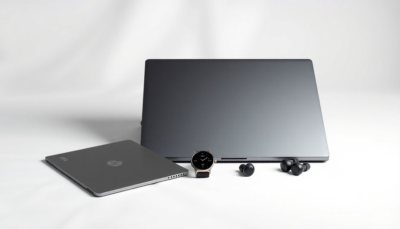 A minimalist studio still life photograph featuring a sleek laptop, smartwatch, and wireless earbuds arranged elegantly on a clean, white background, conceptually representing Lenovo's premium, high-tech fitness products.