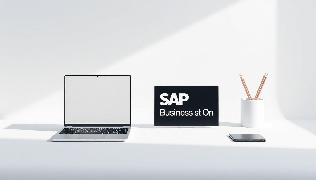 A high-end, photorealistic studio still-life photograph featuring a sleek laptop, a minimalist desk organizer, and a stylized SAP Business One logo, all arranged elegantly on a clean, white background, conceptually representing Innormax's sophisticated ERP solutions and commitment to digital transformation.