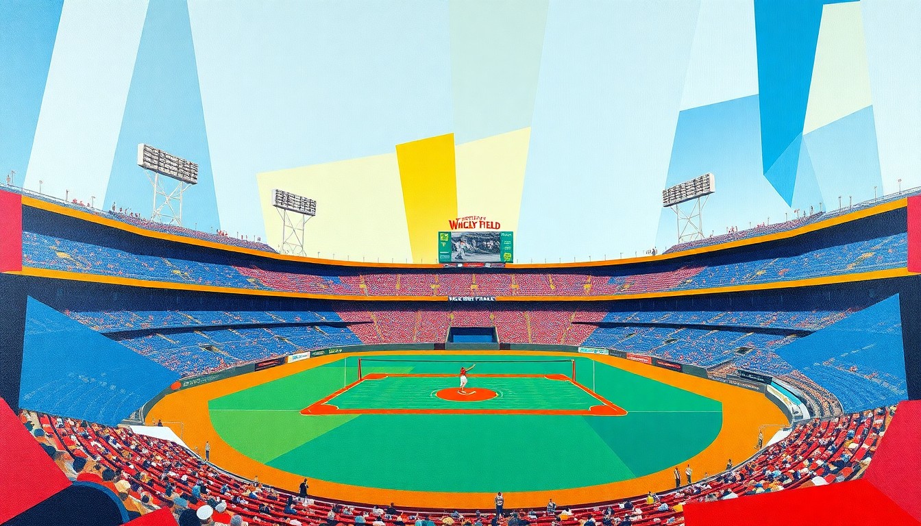 A cubist, geometric painting depicting a volleyball match at Wrigley Field, with the stadium's architecture and players' movements fractured into sharp, overlapping planes of vibrant color.