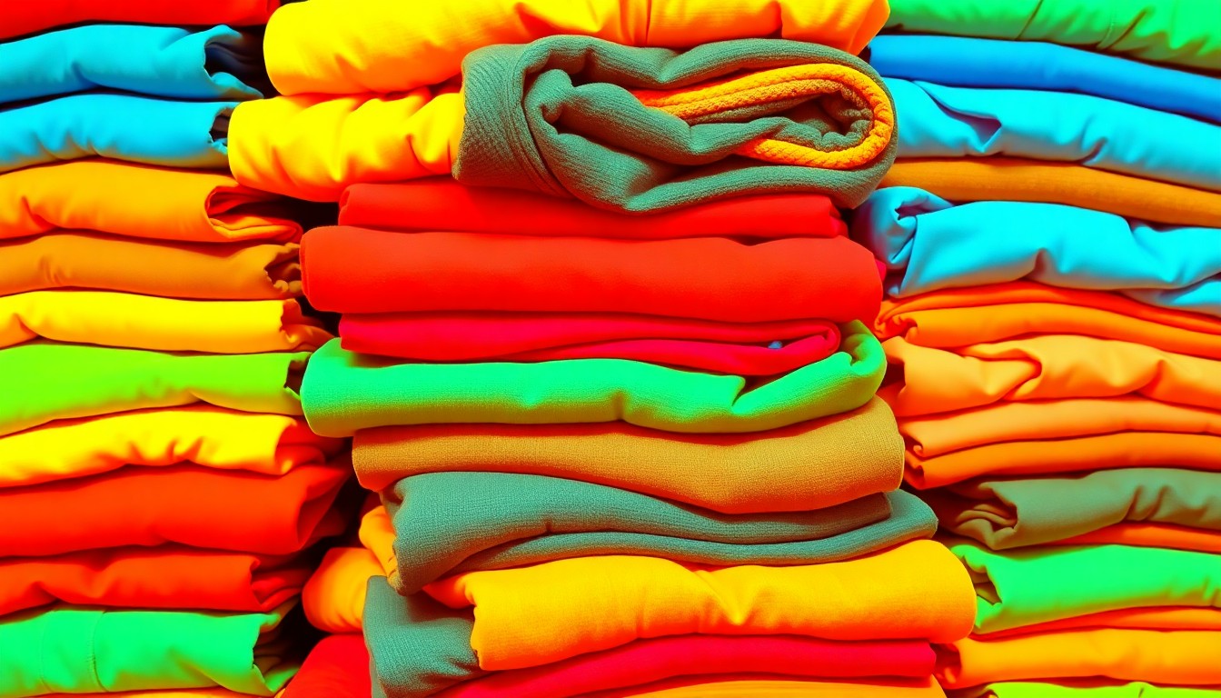 A bold, graphic illustration featuring a repeating pattern of colorful folded clothing items, capturing the celebratory and accessible spirit of the Dress To Succeed project.