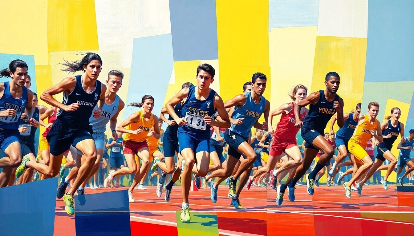 A cubist, geometric painting depicting overlapping, fragmented images of high school track and field athletes in motion, with bold brushstrokes in navy blue, gold, and white.