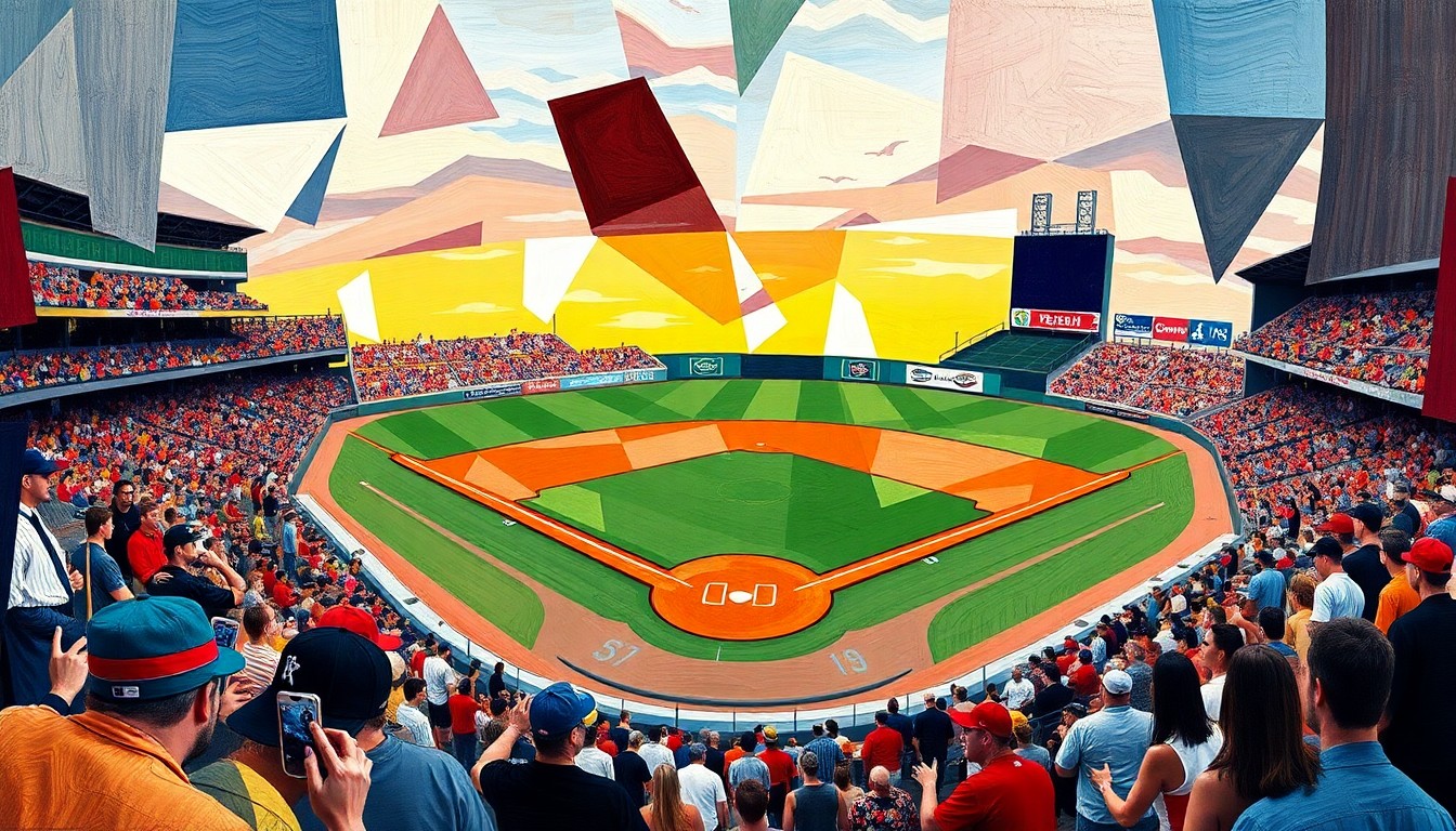 A fragmented, geometric painting depicting the action of a college baseball game, with sharp, overlapping planes of color representing the teams and the energy of the competition.